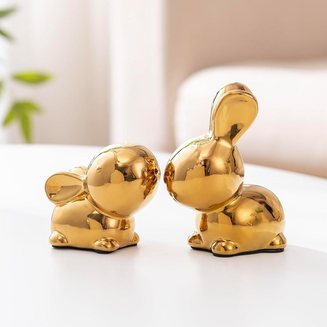 SURE YUESI for Mom from Daughter Son Kids- Ceramic Bunny Spring Decor Figurines, Rabbit Statue Set of 2 for Tabletop Decor, Vintage Farmhouse Indoor Decor Gift- Golden