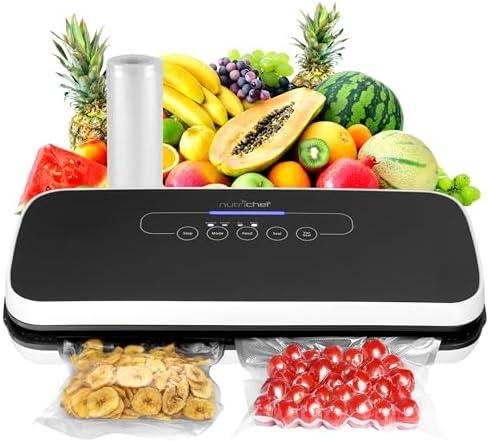 NutriChef Food Vacuum Sealer Machine - Automatic Air Sealing System for Dry & Moist Foods, LED Touch Controls, Includes Vacuum Bags, Hose & Wine Stopper, High Suction Power, 14"x6"x3", Black