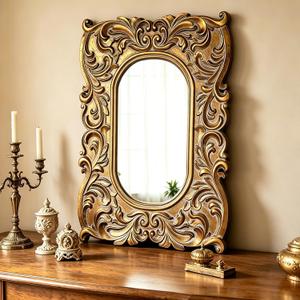 Antique Small Oval Gold Mirror 18 x 24 Inch, Distressed Finish