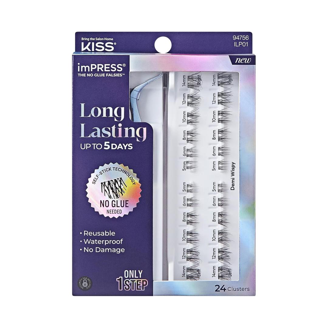 Kiss Impress Falsies Long Lasting Self Adhesive Eyelashes, Demi Wispy, 5 Day Extended Wear, 24 Light Volume Lash Clusters (5,6,8,10,12, & 14mm), Precision Non-Stick Applicator