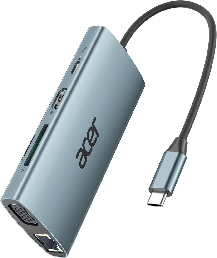 Acer USB C Hub with 4K HDMI, 9-in-1 USB C to Ethernet Adapter, 5Gbps USBA 3.0 Docking Station, VGA Splitter, SD Card Reader, PD 100W Charging for MacBook, Acer, Laptops, Surface and More