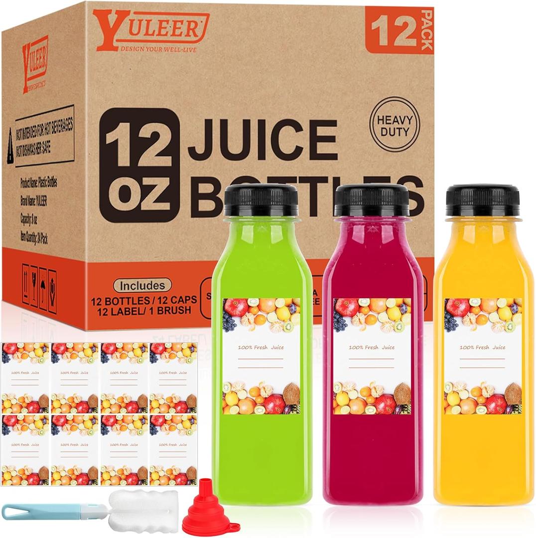 YULEER Plastic Juice Bottles with Caps 12PCS 12OZ Reusable Juice Bottles with Leakproof Lids, Brush, Funnel & Labels Clear Juice Containers for Juicing, Smoothies and Homemade Beverages