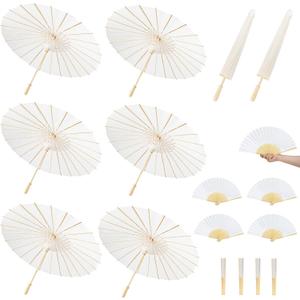 MOTOTO 8 Pack 33 Inch White Paper Umbrellas & 8 Pack 8inch Foldable Handheld Fans, Oiled Chinese Japanese White Parasols Umbrellas Paper Fans for DIY Painting, Wedding, Bridal Party, Ceiling Decor