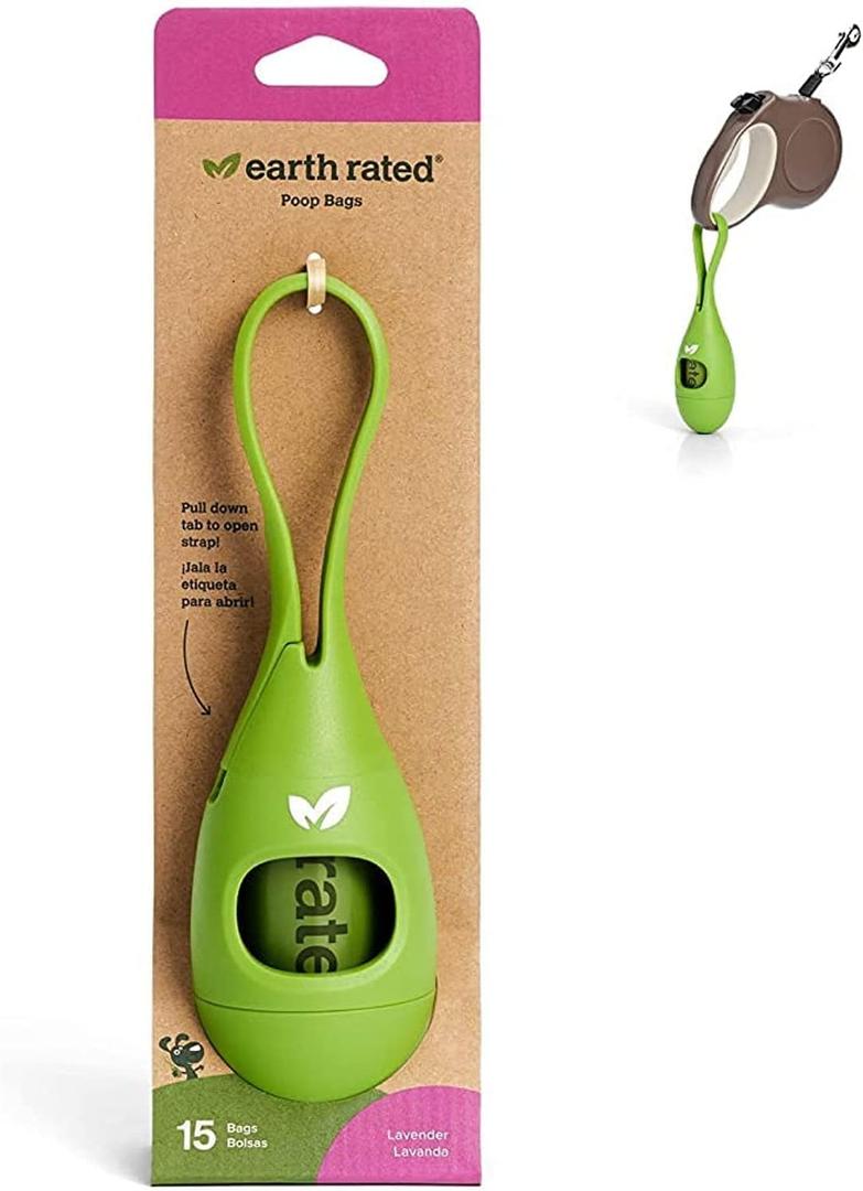 Earth Rated Dog Poop Bag Holder with Dog Poop Bags, Durable and Leakproof, Lavender Scented, 1 Dispenser and 15 Bags