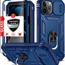 Compatible with iPhone 12 Pro Max Case with 2 Tempered Glass Screen Protectors, Built-in Kickstand Ring with Camera Cover Shockproof Military Grade Drop Heavy Duty Protection Phone Bumper Blue