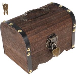 Toyvian Small Treasure Chest Piggy Bank with Lock and Key | Wooden Treasure Box for Kids & Adults | Vintage Money Bank & Coin Bank Pirate Chest Money Box Saver (Coffee Brown, 14cm)