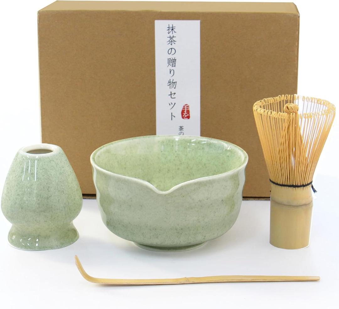 Matcha Whisk Set, Japanese Tea Set includes Matcha Bowl with Spout, Matcha Whisk and Holder, Bamboo Scoop - 4 Pcs Ceremonial Grade Matcha kit for Tea Lovers (Jade Green)