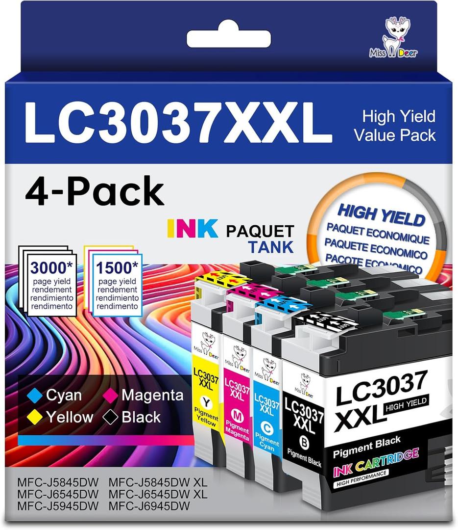 MS DEER LC3037 BK/C/M/Y Ink Cartridges Compatible Replacement for Brother LC3037XXL LC3039XXL LC 3037 XXL High Yield Work for MFC-J6945DW MFC-J6545DW MFC-J5845DW MFC-J5945DW Printer 4-Pack