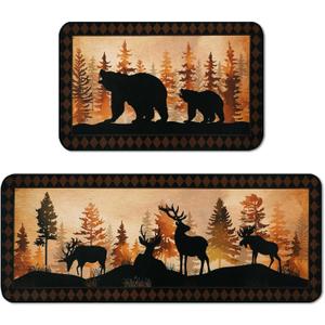 Bencailor Sets of 2 Bear Kitchen Rugs and Mats Winter Non Slip Wildlife Rugs Brown Washable Deer Animal Door Mats for Winter New Year Cabin Home Floor Bathroom Decor Gifts, 29x17 and 47x17 Inch