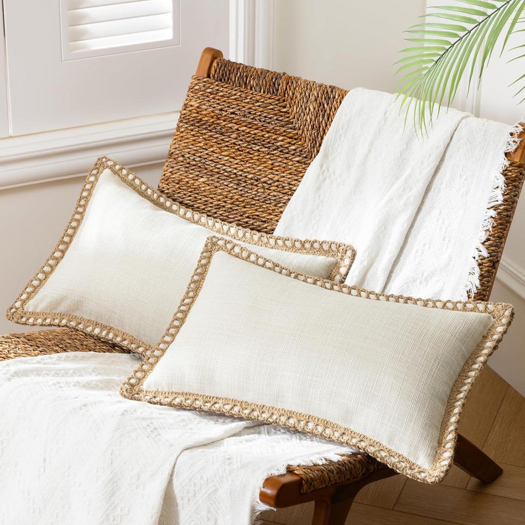 Phantoscope Pack of 2 Farmhouse Decorative Throw Decorative Pillow Cover Burlap Linen Trimmed Tailored Edges Off White, Plain, 12 x 20 inches, 30 x 50 cm