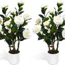 2Pack Artificial Camellia Tree, 2FT Faux Camellia Plant in Pot with White Flowers for Spring Home Front Door Outdoor Indoor Decoration,White