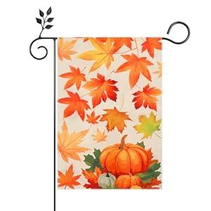 Thanksgiving Garden Flag, 12x18 Inch Double Sided Thanksgiving Garden Flags for Outside Burlap Maple Leaves, Pumpkin Yard Flag Porch House Banner for Harvest, Autumn Holiday, Outdoor Porch Lawn Decor