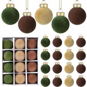 24 Pcs Velvet Christmas Balls Flocked Christmas Tree Hanging Ornaments Shatterproof Hanging Balls Decorations for Xmas Tree Family Holiday Party Home Decor (Brown, Green, Beige, 6 cm)