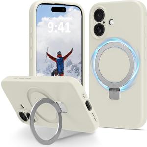 Compatible with iPhone 17 Case Stand, Slim Comfortable Liquid Silicone Phone Cases Fit for iPhone 17 Compatible with MagSafe Magnetic Ring Kickstand Stand Case Full Camera Protection, White
