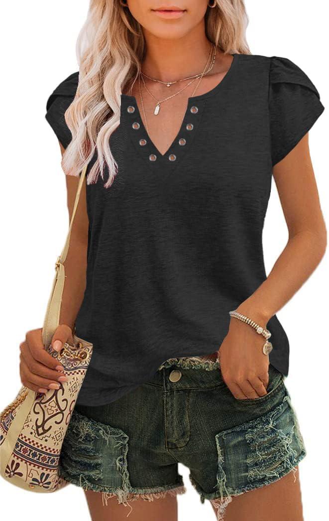 MixShe Womens Summer Tops Petal Short Sleeve Shirts 2024 V Neck Tshirts Spring Fashion Clothes Dressy Casual Tees Trendy Blouses Ladies Tunics Black Large