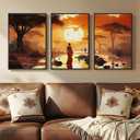 Framed Black Woman Wall Art Set of 3, African Natural Sunset Landscape Canvas Prints, Modern Orange Scenery Artwork for Walls, Warm Aesthetic Room Artwork for Living Room, Bedroom or Office Wall Decor, 16x24 In, 16"W x 24" H x 3Pcs