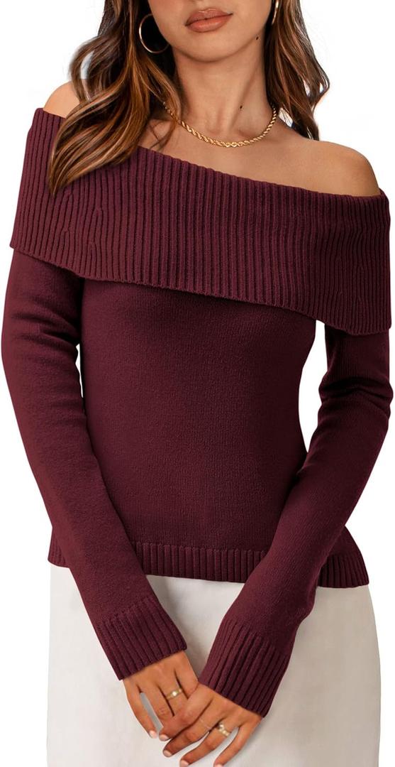 PRETTYGARDEN Off The Shoulder Sweater for Women 2026 Fall Fashion Cute Long Sleeve Tops Winter Ribbed Pullover Knit Outfits (Small, Wine Red)