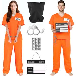 RUODON Prisoner Costume Women Men Halloween Orange Adult Jail Inmate Prison Outfit with Handcuffs Mug Shot Uniform Set (Large)