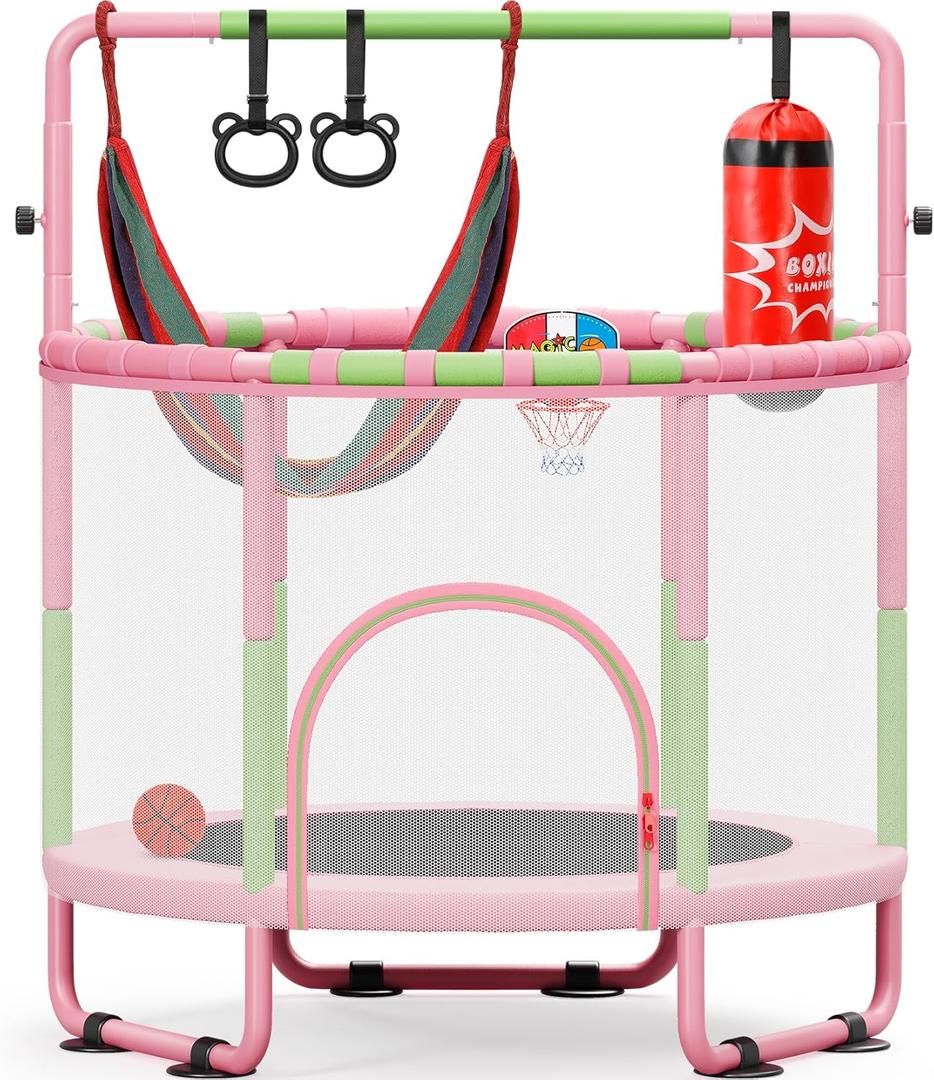 Yohood 55" Trampoline for Kids with Enclosure, 6-in-1 Toddler Trampoline Indoor Outdoor, Upgrade Full Anti-Rust Tube with Adjustable Gymnastics Bars for Boys Girls (Pink)