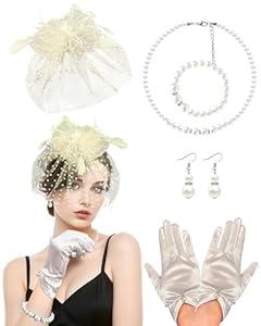 Bnsikun Fascinator Hat for Women Tea Party Hats Mesh Veil Headband Tea Party Headpiece and Lace Glove Set for Women