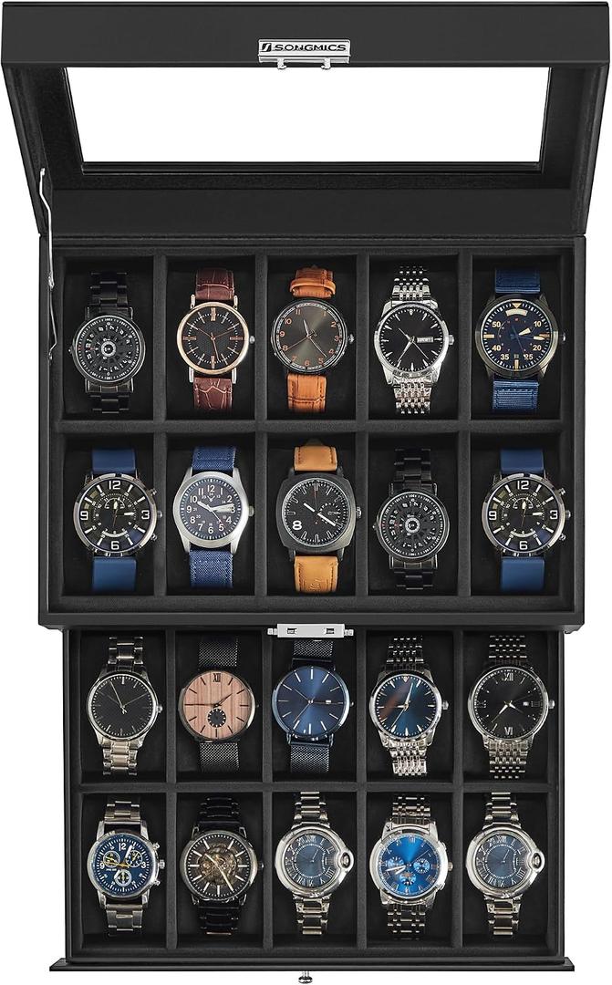 SONGMICS Watch Box, 20-Slot Watch Case Organizer with Large Glass Lid, Removable Pillows, Metal Lock, Gift for Loved Ones, Black Synthetic Leather, Black Lining UJWB020B01