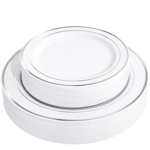 FLOWERCAT 60PCS Silver Plastic Plates - Heavy Duty White and Silver Plastic Plates Disposable - Include 30PCS 10.25inch Dinner Plates and 30PCS 7.5inch Dessert Plates for Wedding & Birthday Party