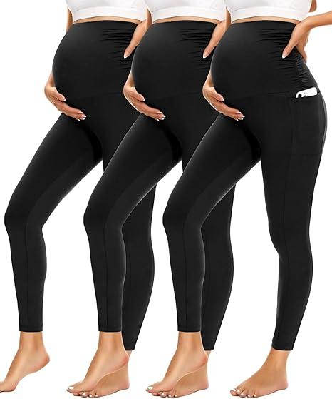 Fotociti 3 Pack Maternity Leggings With Pockets Over The Belly,Womens Pregnancy Workout Yoga Active Soft Tights Pants, Size M