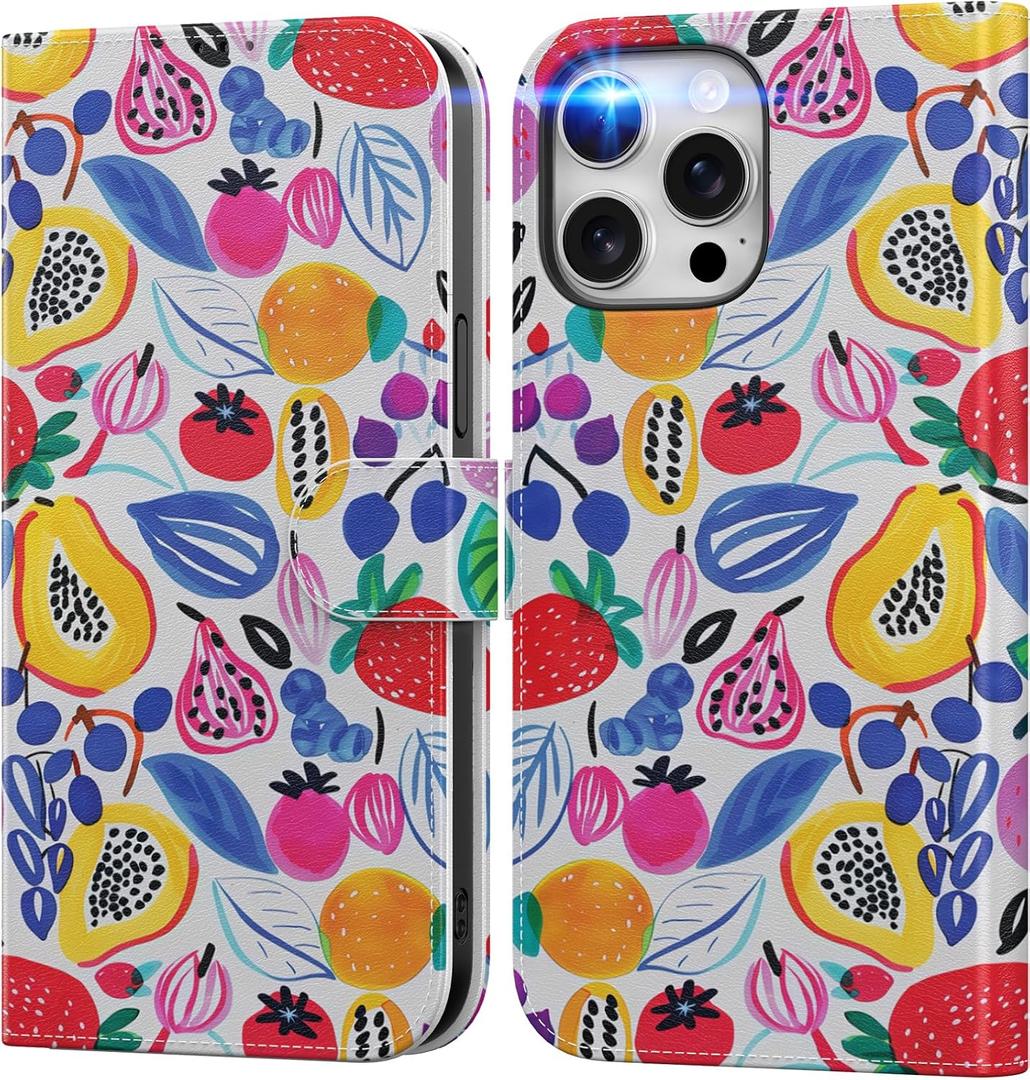 DEENAKIN for iPhone 15 Pro Max Wallet Case with Card Holder + Cash Clip, RFID-Blocking, Military-Grade Protection & UV-Printed Artwork, Magnetic Closure with Leather Kickstand - Playful Fruit Doodles