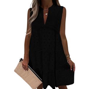 Wenrine Womens Summer Eyelet Dress Lace Sleeveless V Neck Mini Sundress Babydoll Hollow Out Swing Casual Beach Dresses Large