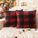 AQOTHES Red Black Plaid Christmas Throw Pillow Covers 20x20 Inch Set of 2, Boucle Decorative Pillow Covers, Cozy Fluffy Home Living Room Farmhouse Decor for Sofa Couch Bed