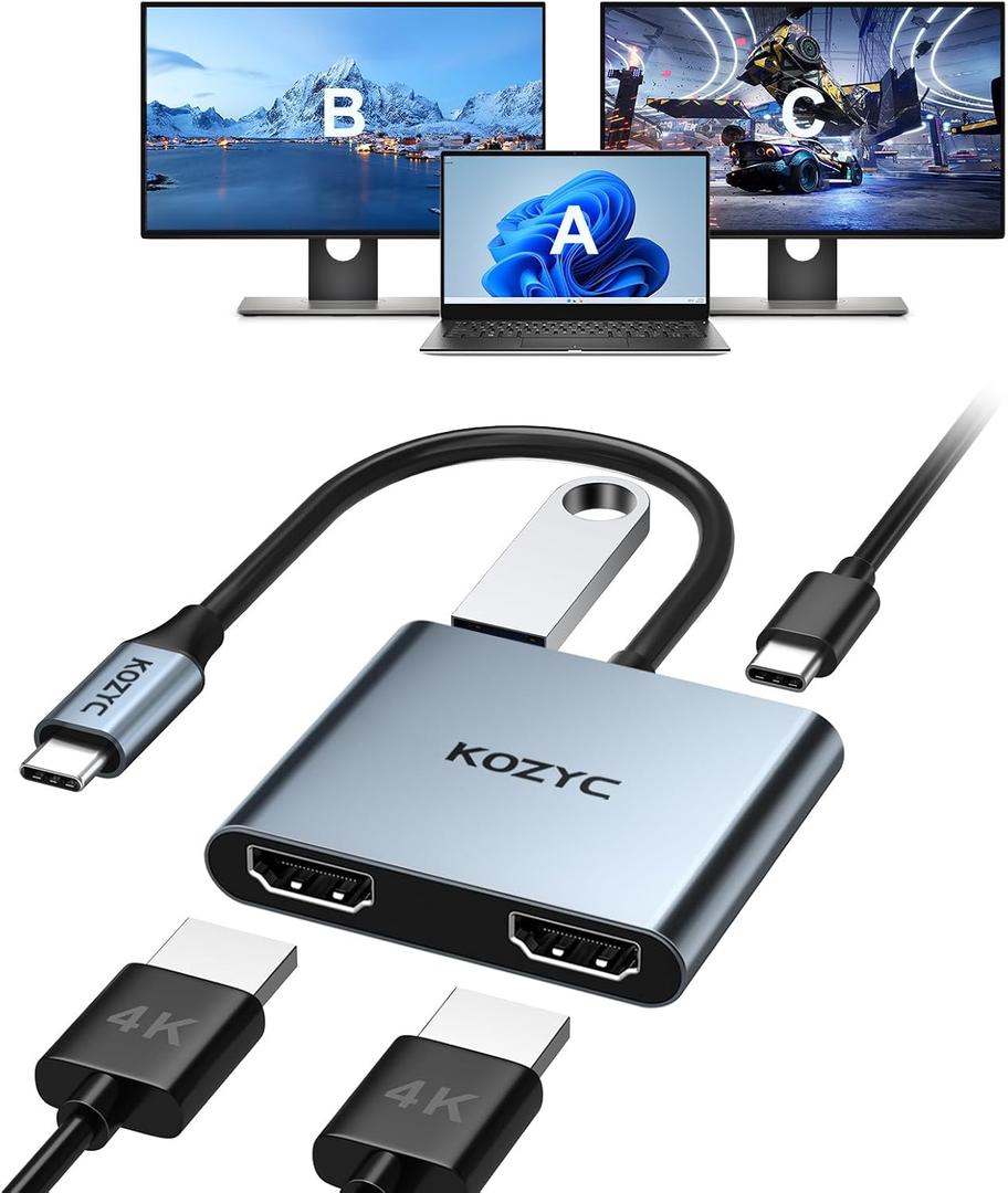 USB C to Dual HDMI Adapter 4K@30Hz, KOZYC USB C Hub Multiport Adapter with 2xHDMI, USB 3.0, 100W PD, Support USB C to HDMI Splitter Extended Display for MacBook Pro (MST is not Supported on MacOS)