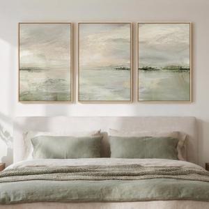 Framed Sage Green Abstract Landscape Wall Art for Bedroom, 3 Piece Modern Canvas Prints Paintings Artwork for Walls, Minimalist Nature Pictures for Living Room Dining Room Hallway Wall Decor 16x24 In, 16" W X 24" H X 3pcs