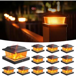 NIORSUN Solar Flame Post Cap Lights Outdoor Waterproof, 4x4 Post Solar Lights with Flickering Flame LED, Fence Posts Solars Light for Deck Patio Garden, 4x4 Posts Caps Wood Vinyl, 12 Pack (Black)