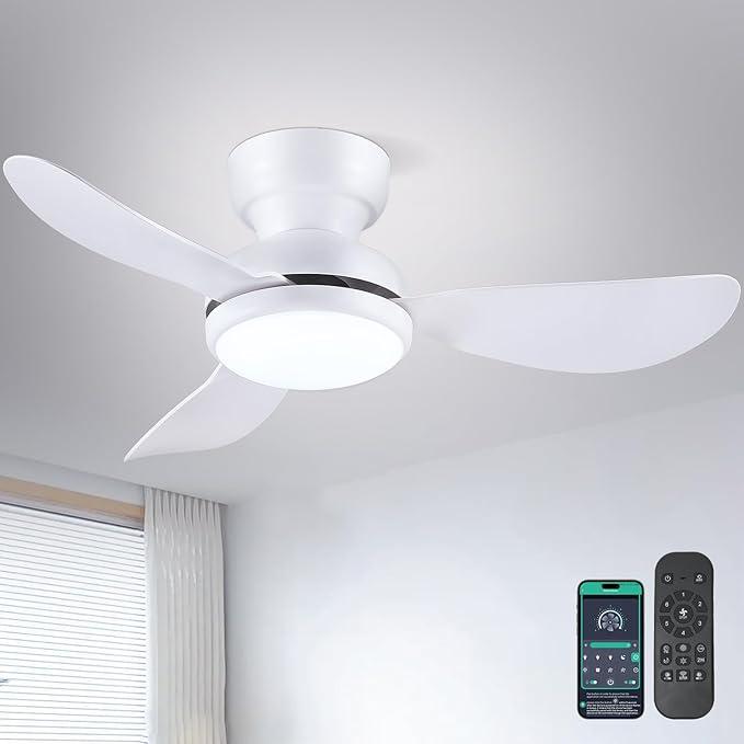Ceiling Fans with Lights: 30 Inch Low Profile Ceiling Fans with Lights and Remote & APP Control Quiet Reversible 3 Colors Dimmable 6 Speeds Flush Mount Small White Ceiling Fan for Bedroom Bathroom