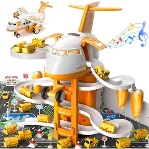 Construction Airplane Boy Toys with Race Tracks for Kids Ages 2-4 3-5, Vehicle Car Playset with 8 Small Race Cars for 3 4 5 Year Old Boys, Birthday Gifts for Boys 4-8 Toddlers 2-4 4-8