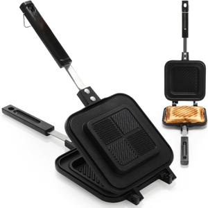 Pumtus Sandwich Maker, Non-Stick Aluminum Grilled Panini Press Pan, Stovetop Toasted Pancake Flip Pan with Handle, Cheese Frying Plate for Small Bread Breakfast Kitchen Outdoor Camping, 5.5"L x 14"H