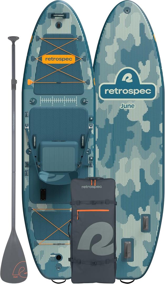 Retrospec June Inflatable Fishing Paddle Board 11’6” with Removable Seat – Puncture-Resistant Paddle Board for Fishing with Rod Holders, Non-Slip Deck Pad & Accessories, River Rock 
