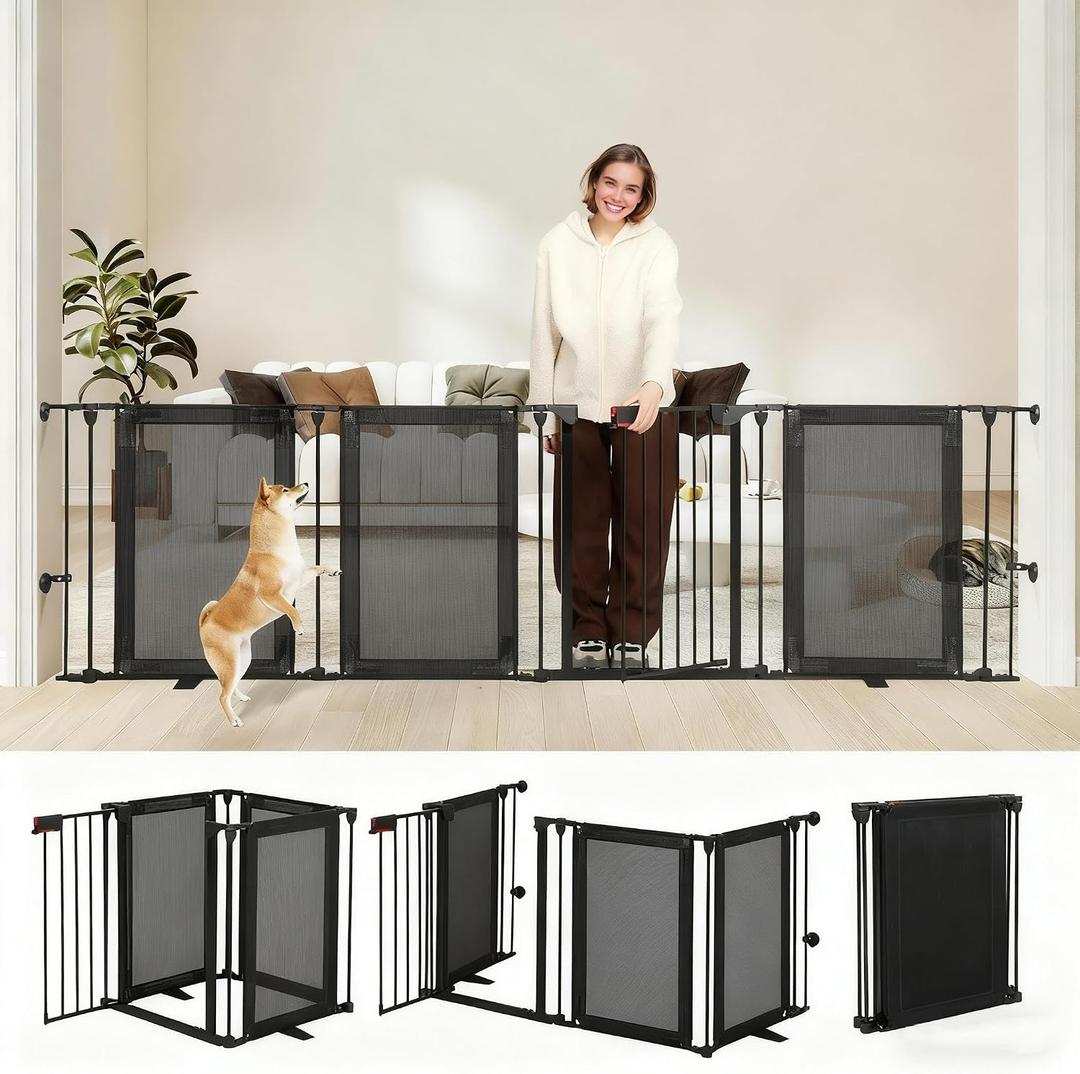 Dog Gate Foldable Pet Playpen Extra Wide 29"-102", Auto Close Pet Gate Dog Fence Pressure Mounted Walk Through Swing Safety Pet Fence Indoor Puppy Date for Stairs, 29" Height-4 Panels, Black