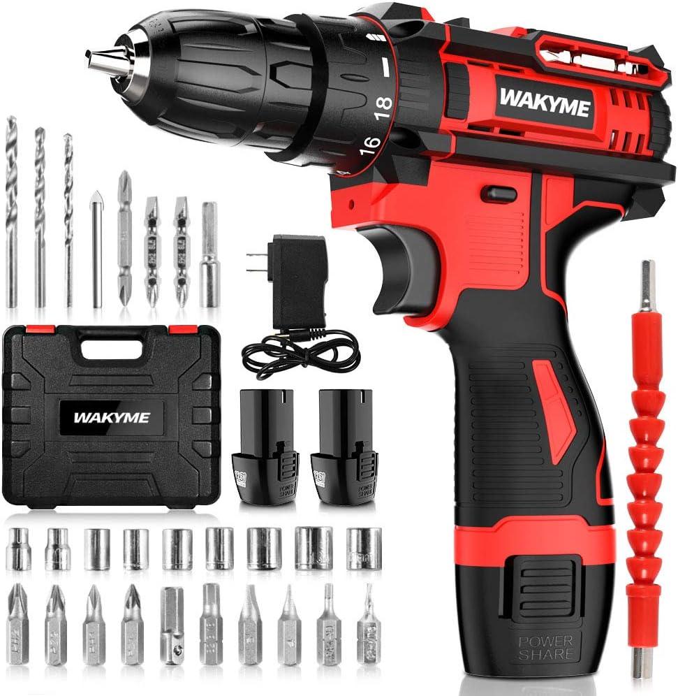 Cordless Drill Set 2 Batteries, WAKYME 12.6V Power Drill 30NM 18+1 Clutch, 3/8" Keyless Chuck, Variable Speed Built-in LED Electric Driver Drill for Drilling Wall, Bricks, Wood, Metal etc 