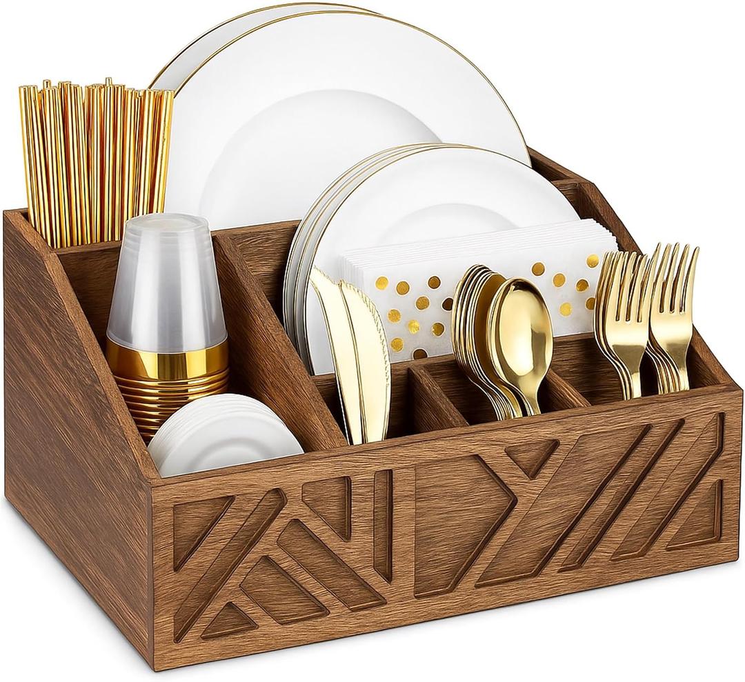 Paper Plate Dispenser |Paper Plate Holders For Kitchen Counter |Wooden Utensil Holder Silverware Organizer |Cutlery Flatware Organizer Box For Cups, Plates, Cutlery,Kitchen Accessories