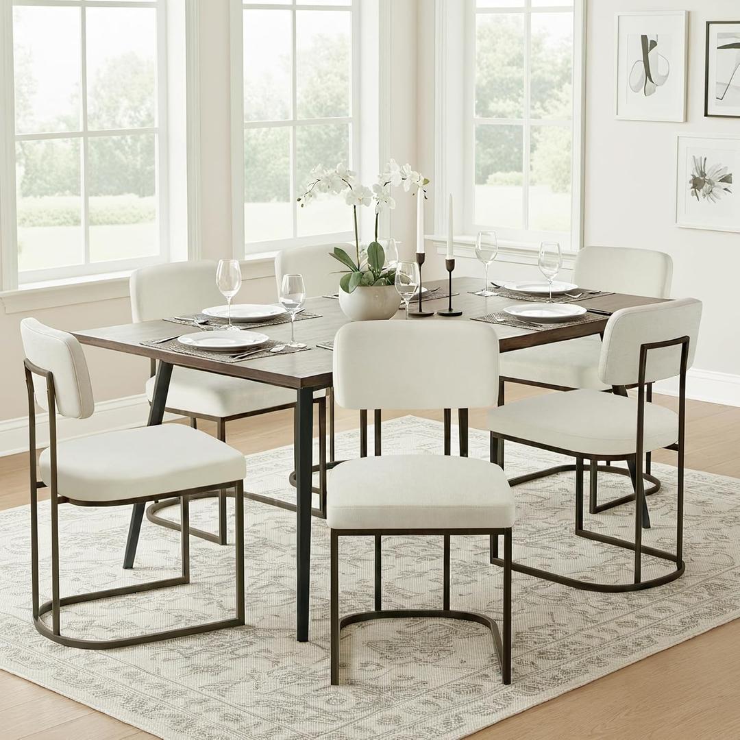 KISLOT Dining Chairs Set of 6, Upholstered Modern Kitchen Chairs with Ergonomic Backrest, Fabric Cushion Seat & Wire Drawing Metal Legs for Living Room, Restaurant, and Caf, White, 2Boxs