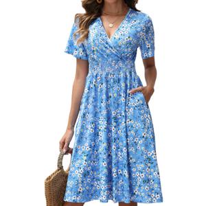 Womens Midi Floral Dress - Short Sleeve Wrap V-Neck Summer Dress with Smocked Waist - A-Line Spring Dress with Pockets, S