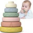 Mini Tudou 6 PCS Baby Stacking & Nesting Toys, Soft Stacking Blocks Ring Stacker, Baby Sensory Teether Toys with Letter, Animal and Shape, Early Learning Toys for Babies Toddlers Kids 6 Months (1-original)