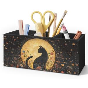 Witchy Black Cat Pen Holder for Home Office Desk, Cat Lover Gifts, Witchy Moonlight Floral Black Cats Makeup Brush Toothbrush Holder Organizer for Bathroom Desk Accessories