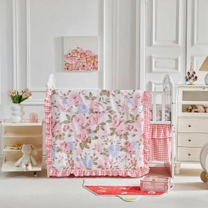 3 Piece Floral Crib Bedding Set, Soft Quilted Baby Comforter with Fitted Sheet & Ruffled Crib Skirt, Breathable and Cozy Shabby Chic Nursery Decor (Pink)