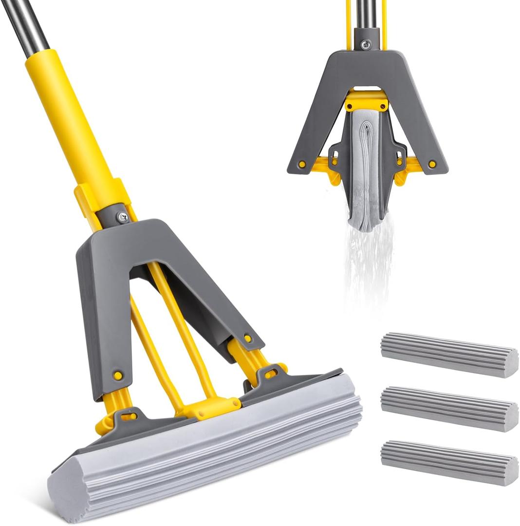Sponge Mop,Masthome Roller Sponge Mop,Easy Self Squeeze Mop and Stainless Steel Handle,PVA Mops with 3 Absorbent Mop Refills for Home Use Tile Floor Bathroom Cleaning (Yellow-Grey)