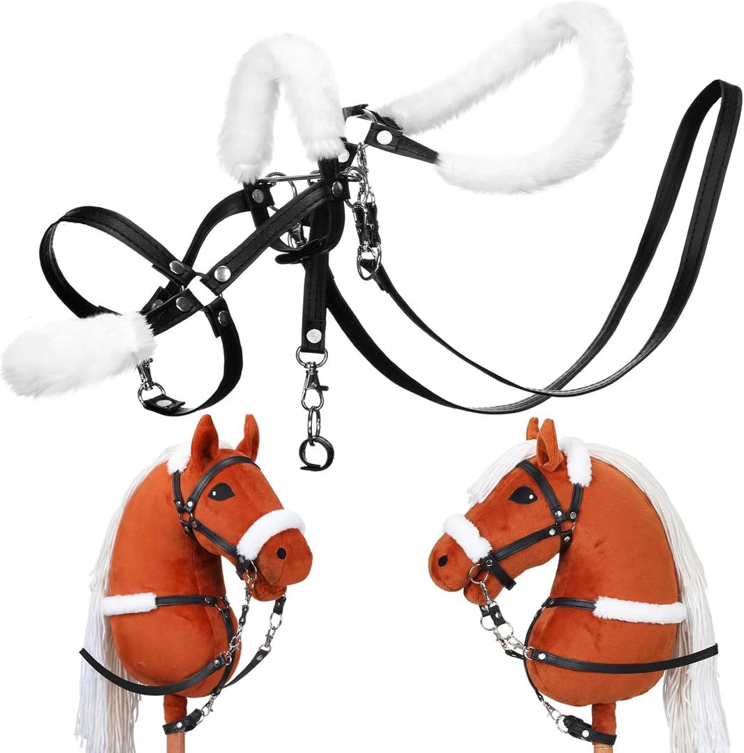 Shappy Hobby Horse Toy Accessories Realistic Horse Bridle with Metal Bit and Adjustable Reins, Faux Leather and Stainless Steel for Equestrian, Themed Events Competitions and Play(Black)