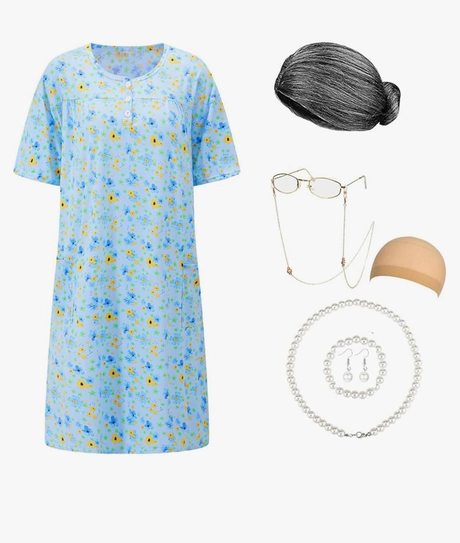 Old Lady Costume for Women Granny Costume Kit with Old Lady Nightgown Wig Grandma Costume Halloween Outfits, L