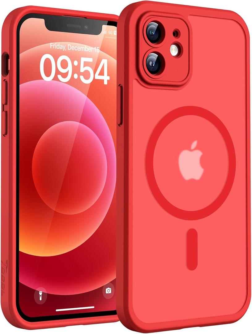 TOCOL for iPhone 12 Case, Compatible with Magsafe, Full Camera Protection, Built-in Magnetic Ring, Translucent Matte Phone Case for iPhone 12 6.1 inch (Red)