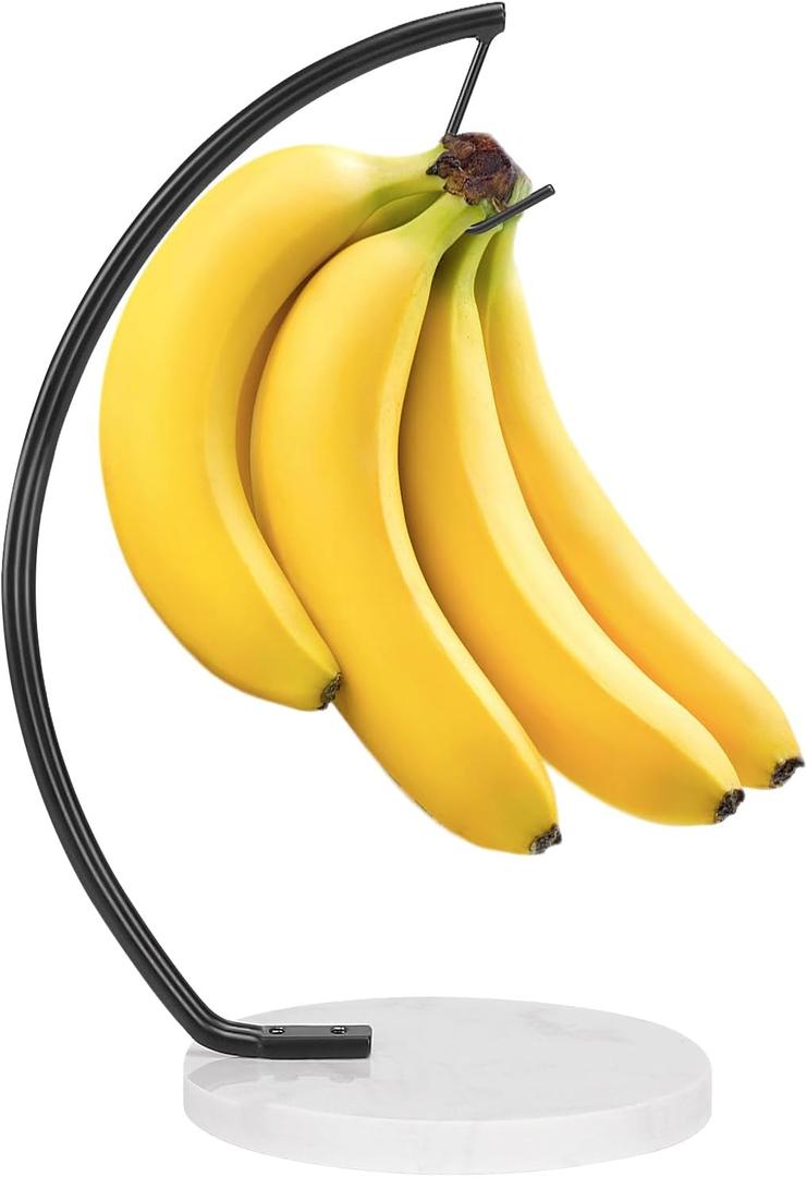 Livabber Banana Holder with Marble Base, Metal Banana Hanger Modern Tree Stand with Hook, Stylish Banana Keeper Fresh Fruit Storage Organizer Freestanding for Kitchen Countertop (Black, Single Hook)